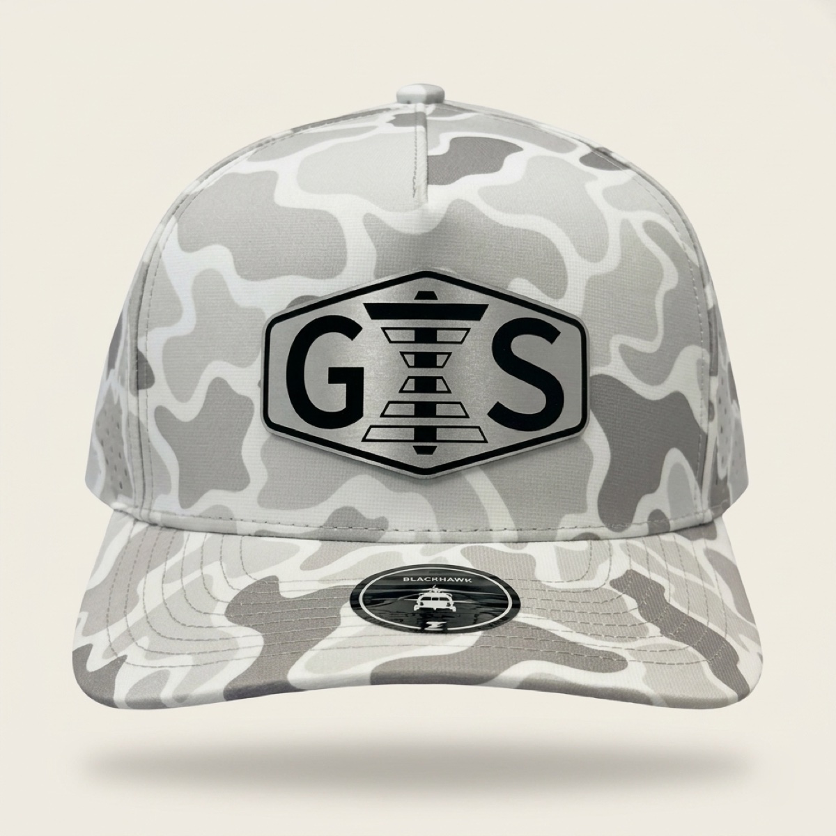 Gulf Turbine Services snow camo Richardson trucker cap with engraved brushed stainless GTS logo patch